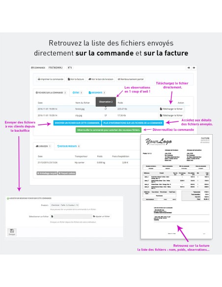 Envoi de fichiers par le client sur le panier et la commande