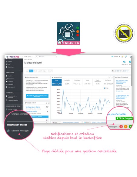 Module Rappels, tâches, messages internes depuis le backoffice