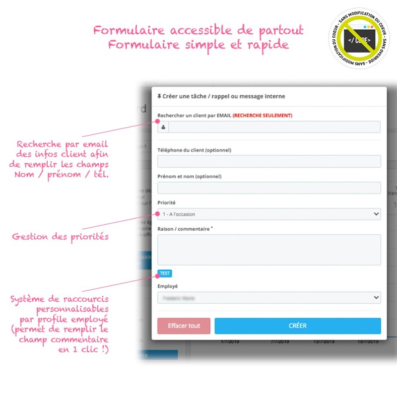Module Rappels, tâches, messages internes...