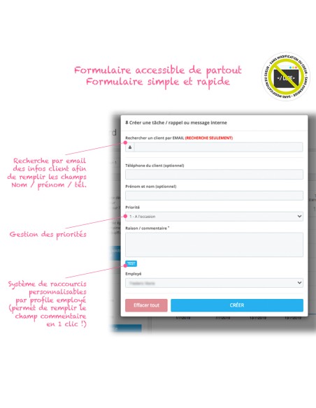 Module Rappels, tâches, messages internes depuis le backoffice