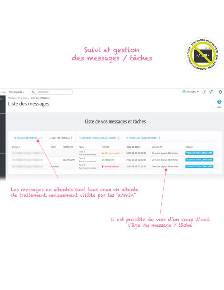 Module Rappels, tâches, messages internes depuis le backoffice
