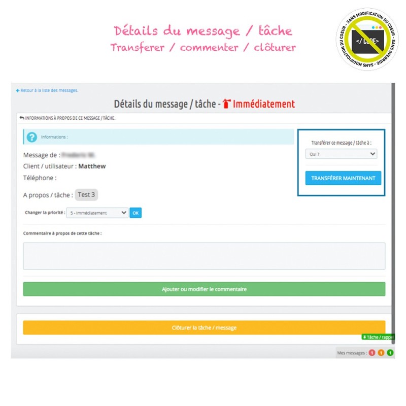 Module Rappels, tâches, messages internes...