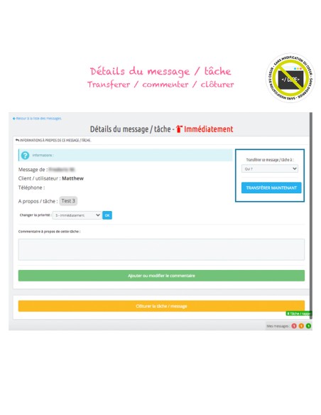 Module Rappels, tâches, messages internes depuis le backoffice