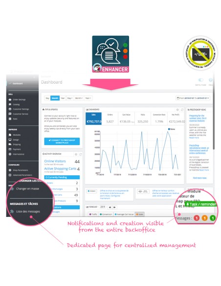 Module Rappels, tâches, messages internes depuis le backoffice