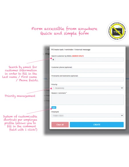 Module Rappels, tâches, messages internes depuis le backoffice