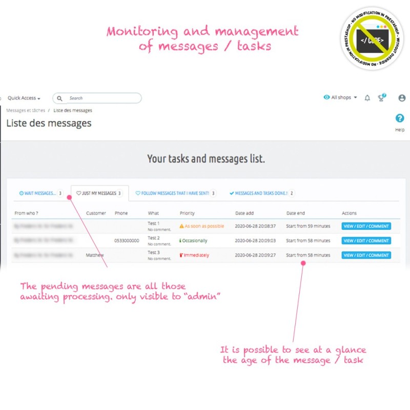 Module Rappels, tâches, messages internes...