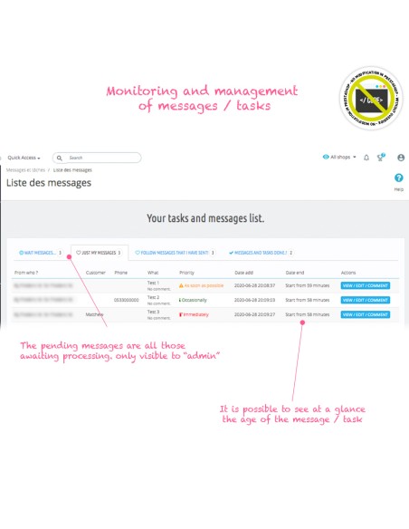 Module Rappels, tâches, messages internes depuis le backoffice