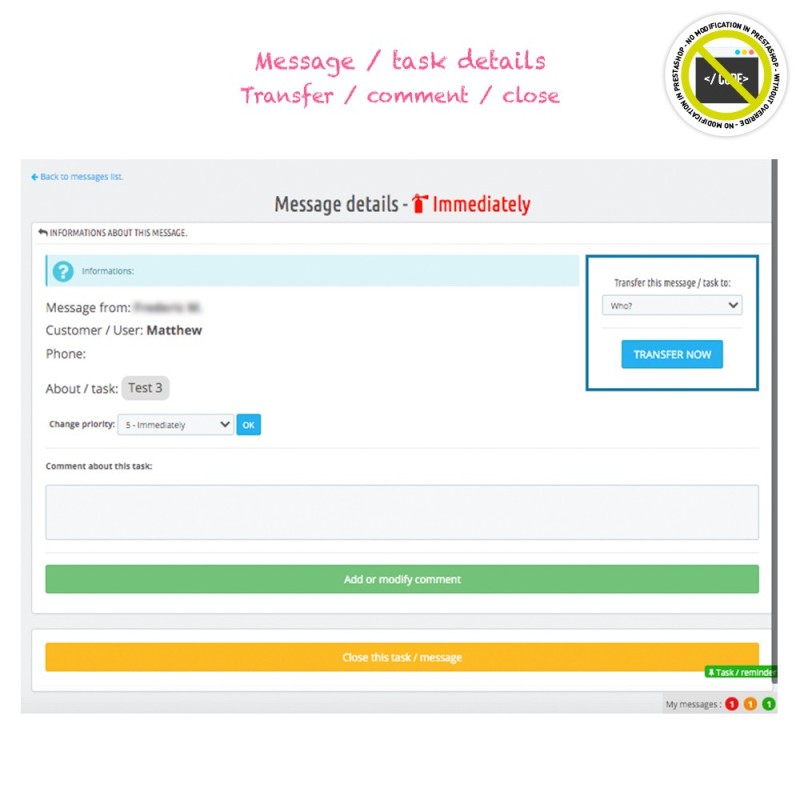 Module Rappels, tâches, messages internes...