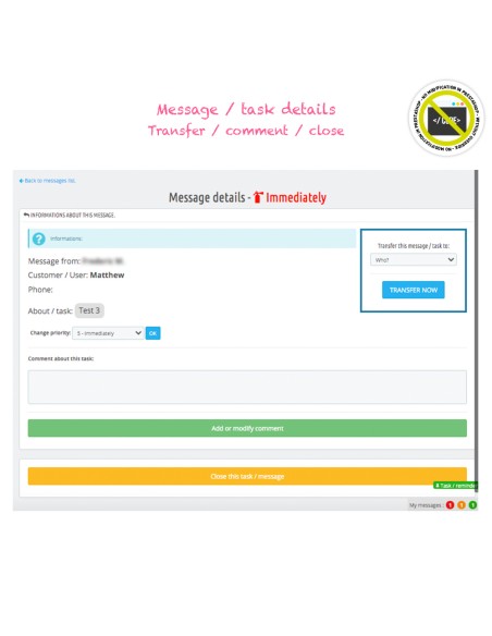 Module Rappels, tâches, messages internes depuis le backoffice